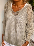 Women's Knit V-Neck Loose Crochet Mesh Oversized Jumper Hoodie