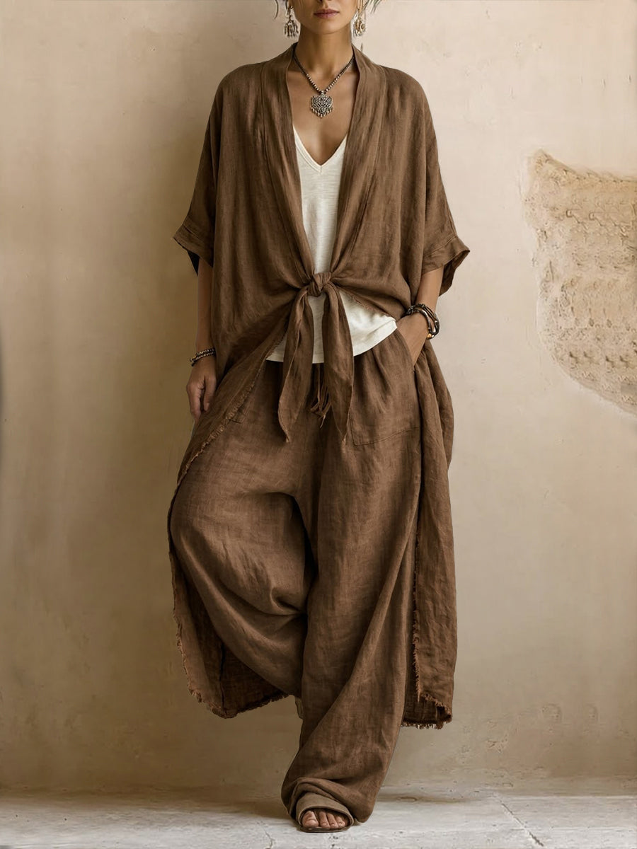 Women’s Linen Two Piece Set Wide Leg Trousers and Tie Front Kimono Top