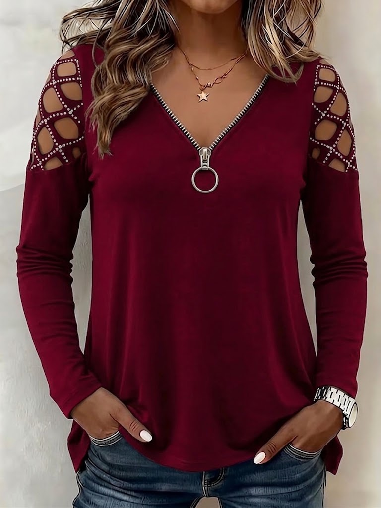 Blouse à manches longues pour femme en maille, col en V avec fermeture éclair, pull-over