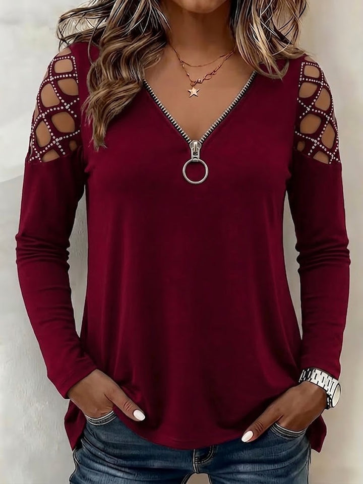 Blouse à manches longues pour femme en maille, col en V avec fermeture éclair, pull-over