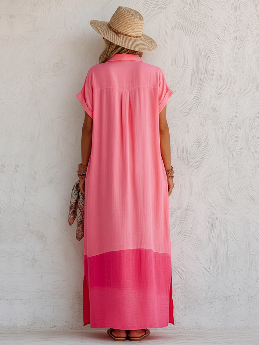 Women's Color-Block Linen Blend Polo Maxi Dress