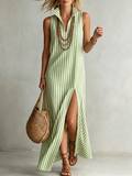 Women's Stand-Collar Sleeveless Loose Fit Striped Linen Maxi Shirt Dress