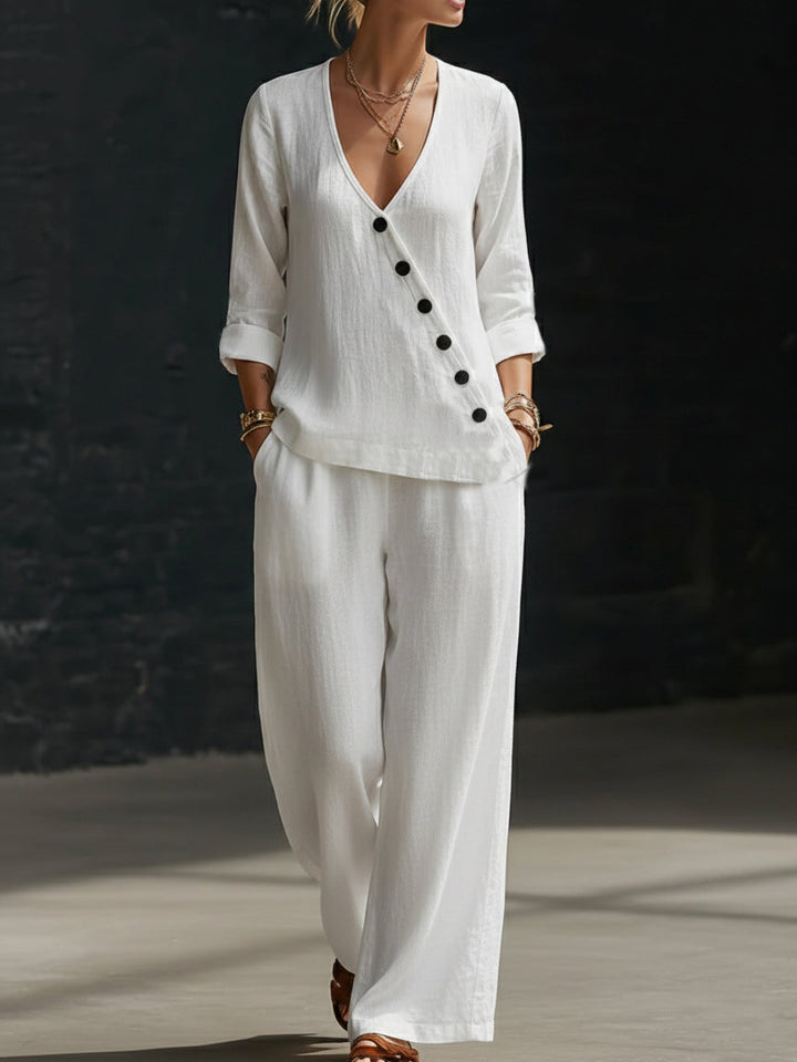 Women's Linen Two Piece Set V-Neck Trousers Co-ord Wide Leg Pantsuit