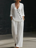 Women's Linen Two Piece Set V-Neck Trousers Co-ord Wide Leg Pantsuit