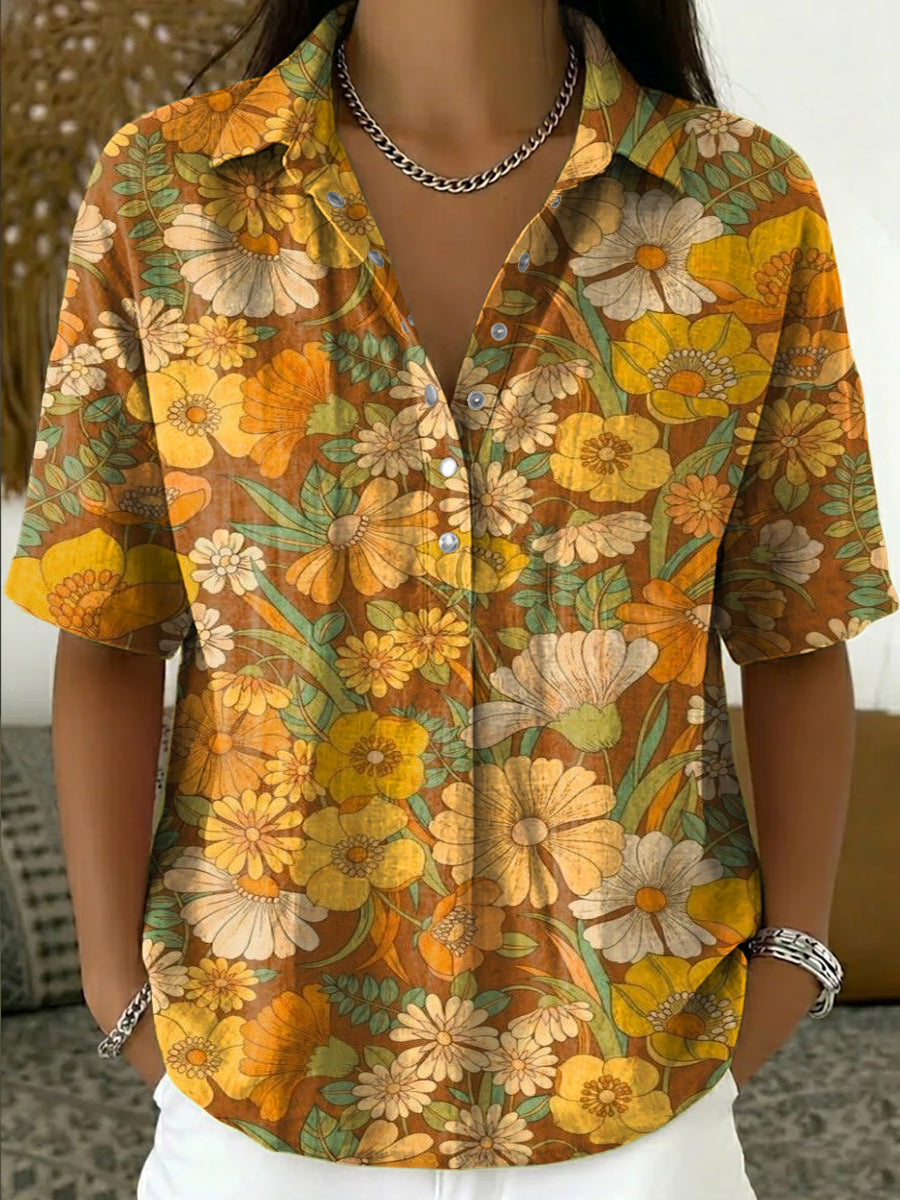 Women's Floral Linen Button Down Shirt Short Sleeve Casual Blouse