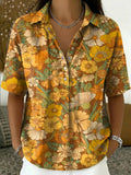 Women's Floral Linen Button Down Shirt Short Sleeve Casual Blouse