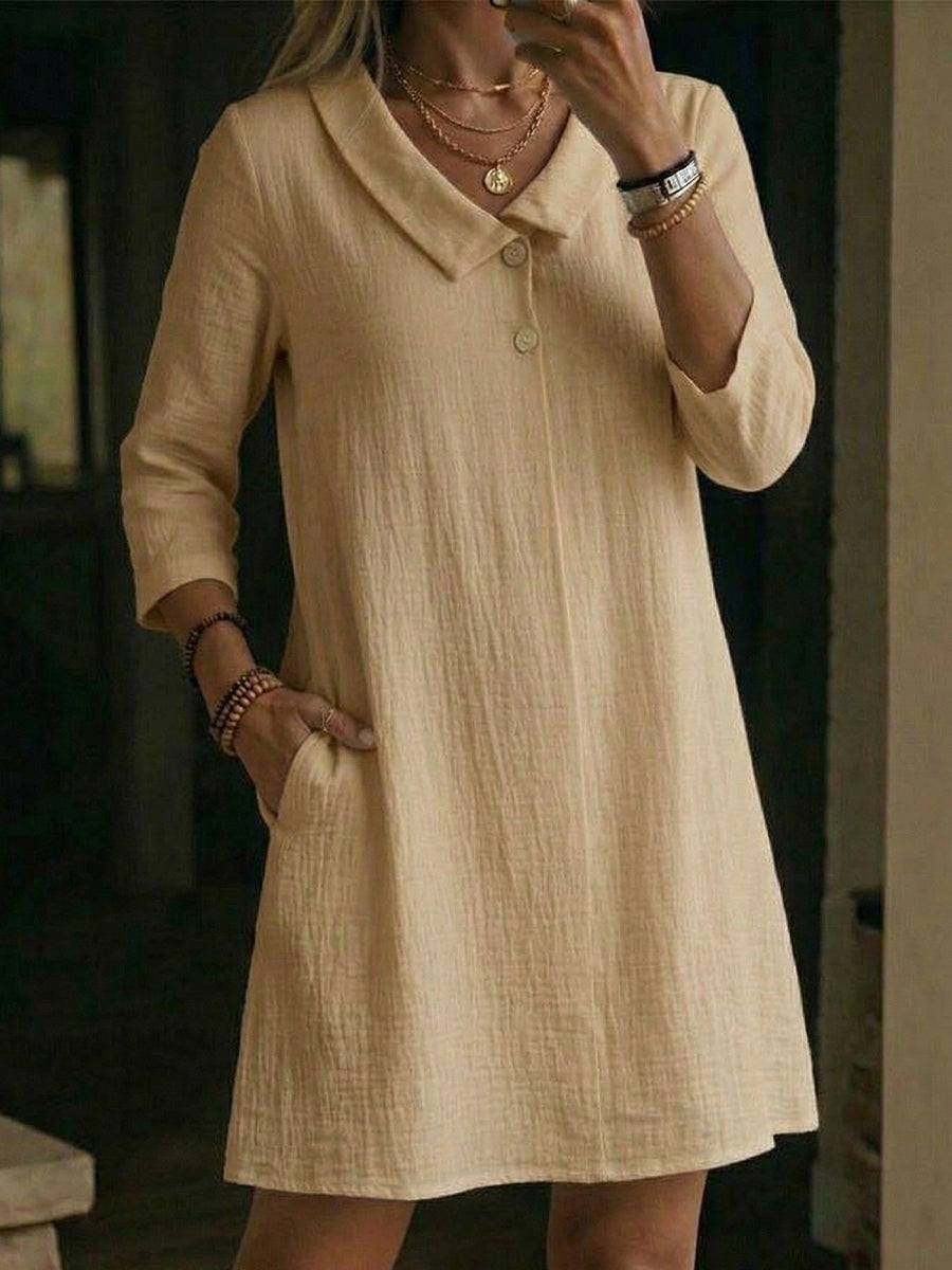 Women's Linen Shift Dress Three-Quarter Sleeve Tunic Shirt Dress