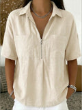 Women's Linen Blend Half-Zip Short Sleeve Blouse
