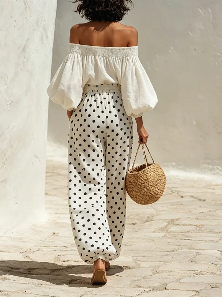 Women's Off-Shoulder Polka Dot Linen Two-Piece Set