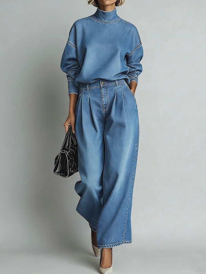 Women's Denim Mock Neck Sweatshirt and Wide Leg Pants Set