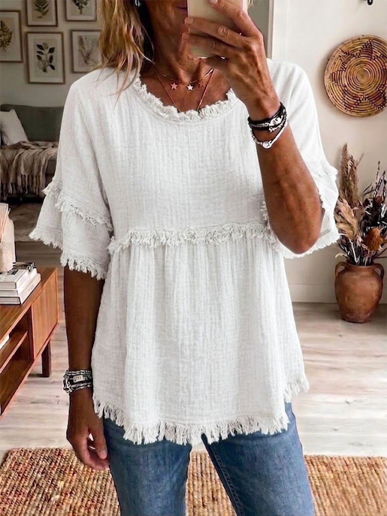 Women's Linen Blouse Ruffle Fringe Short Sleeve Flowy Top