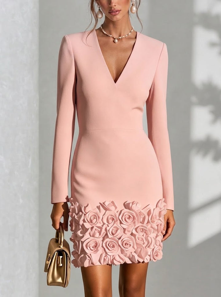 Robe de soirée moulante en maille pour femme, manches longues, col en V, mini.