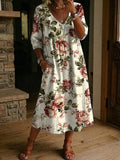 Women's Linen V-Neck Floral Print Mid-Sleeve Smock A-Line Midi Dress