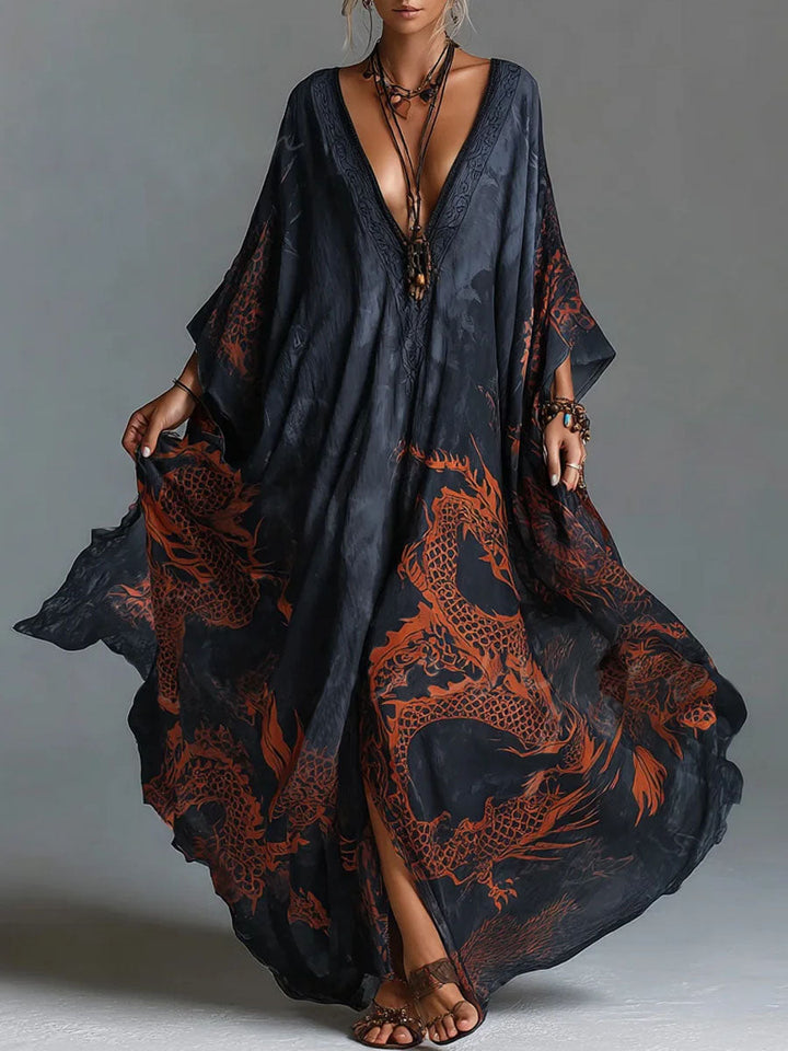 Women's Dragon Print Breathable Linen Blend Kaftan Maxi Dress