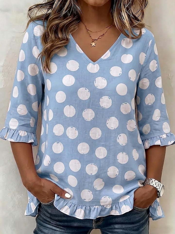 Blouse en lin à pois pour femme avec col en V et manches 3/4 à volants