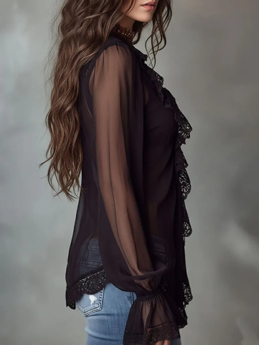 Women's Chiffon Ruffle Blouse Long Sleeve Sheer Mesh Shirt V-Neck Casual Top