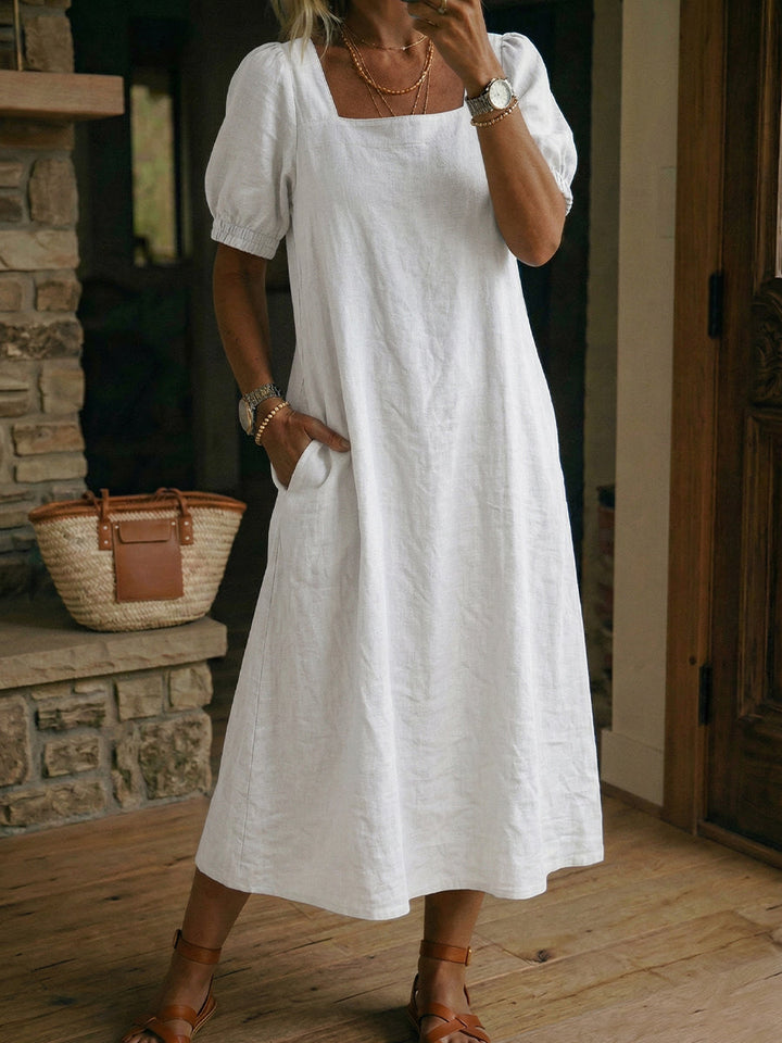 Linen Square Neck Puff Sleeve Midi Dress for Women