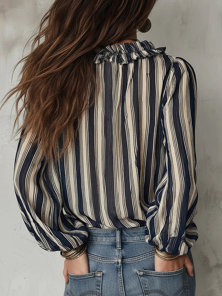Women's Linen Striped V-Neck Blouse Long Sleeve Boho Top