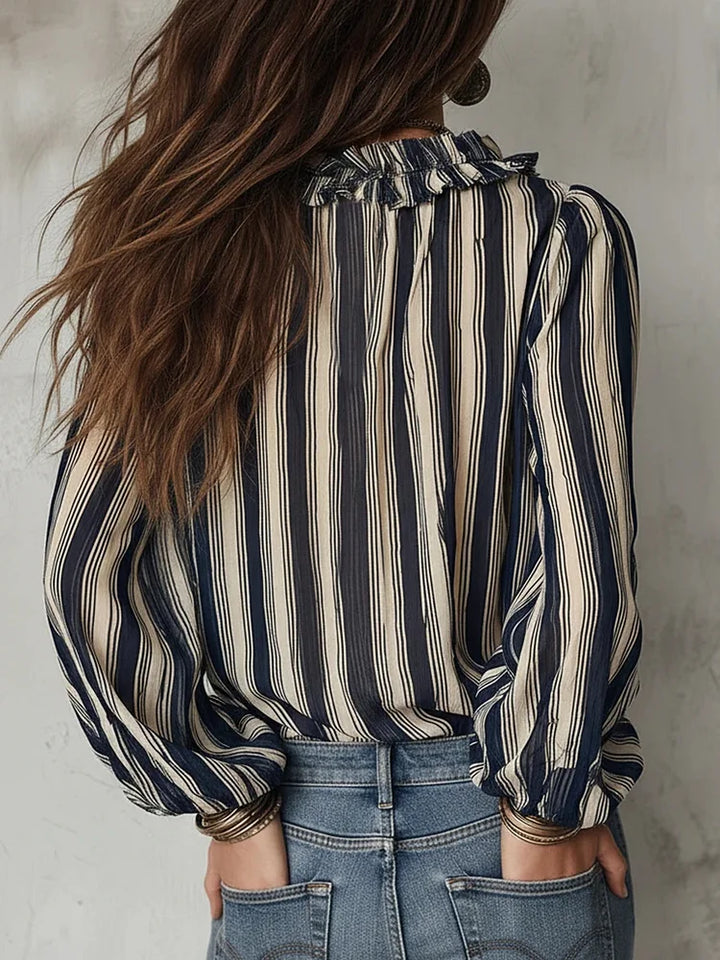 Women's Linen Striped V-Neck Blouse Long Sleeve Boho Top