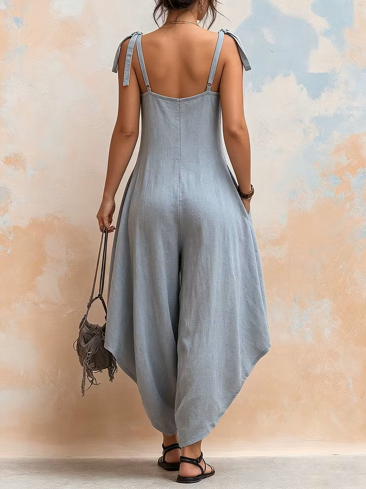 Women's Linen Wide Leg Jumpsuit Strappy V-Neck Harem Style