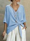 Women's Linen Blend V-Neck Tie Front 3/4 Sleeve Blouse