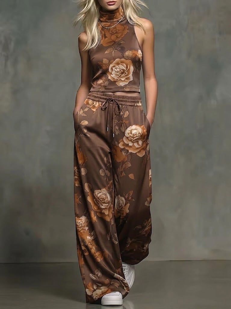 Women's Floral Sleeveless Turtleneck and Wide Leg Fleece Lounge Set