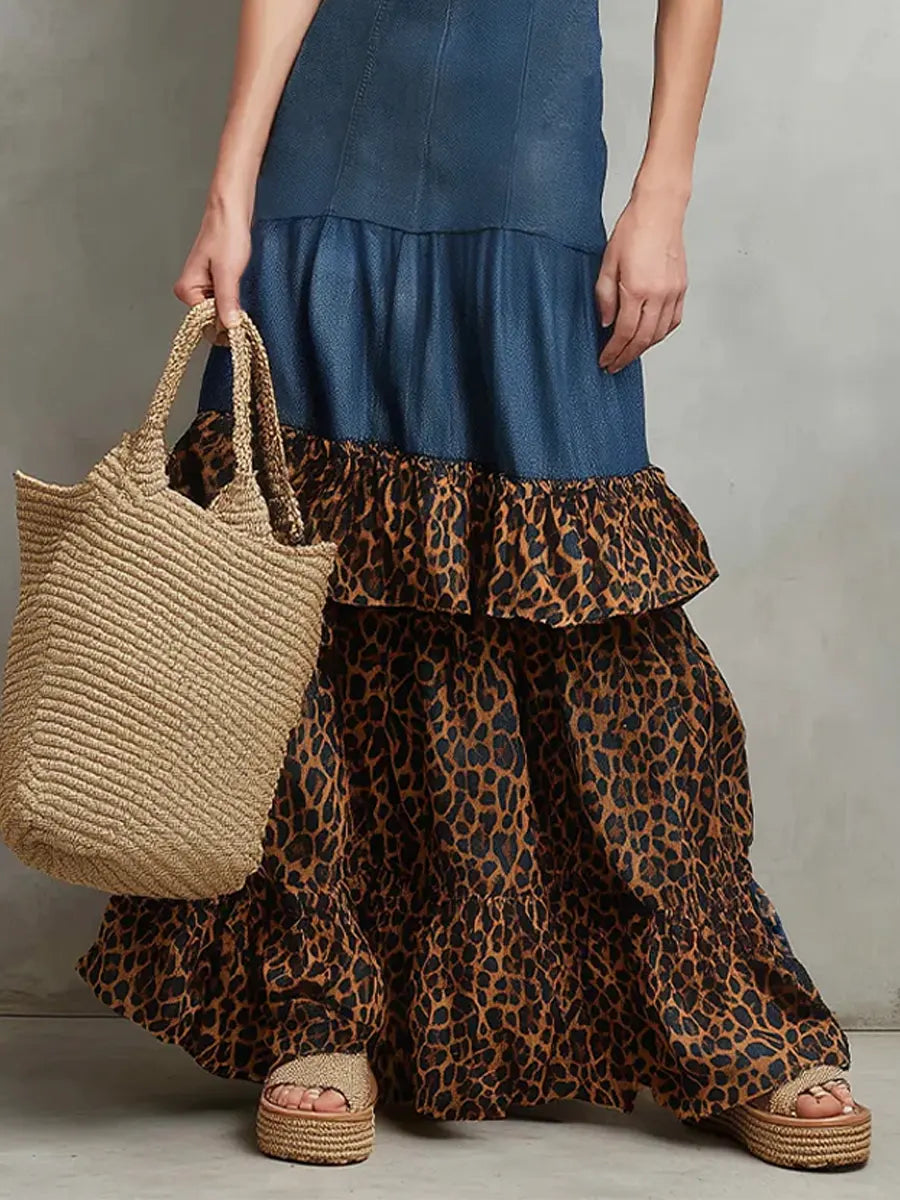 Women Denim Leopard Print Tiered Ruffle Sleeveless Maxi Dress