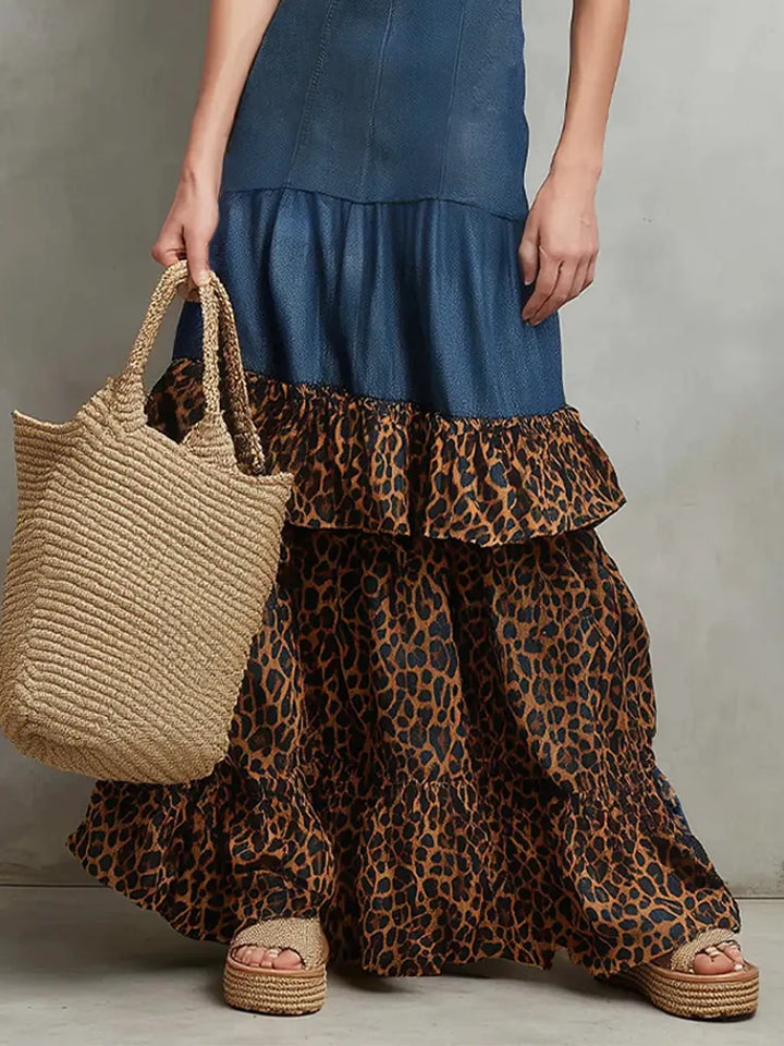 Women Denim Leopard Print Tiered Ruffle Sleeveless Maxi Dress