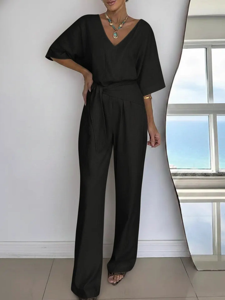 Women's Linen Jumpsuit V-Neck Short Sleeve Belted Wide Leg One Piece Romper