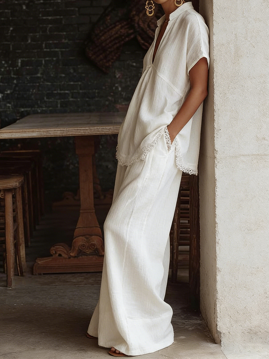 Women's Linen Two Piece Set Wide Leg Trousers and Short Sleeve Top Shirt