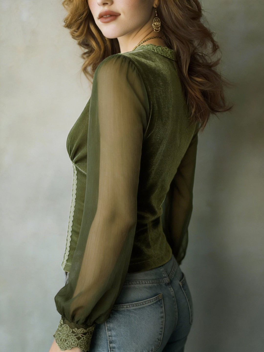 Women's Velvet V Neck Long Sleeve Lace Panel Blouse Top