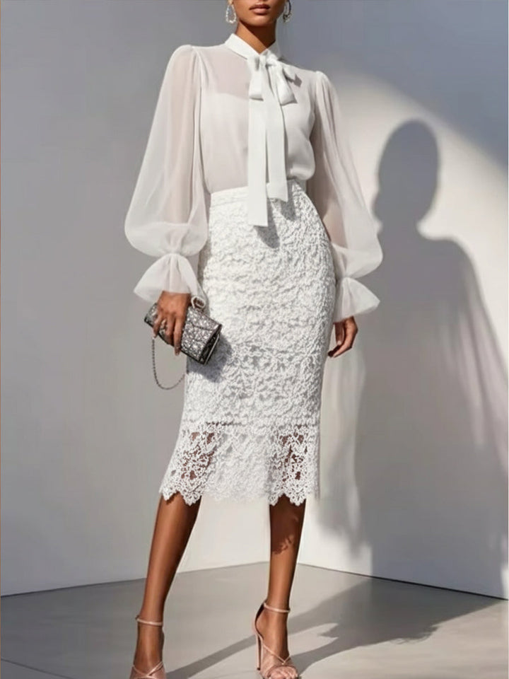 Women's Lace Skirt and Chiffon Blouse Set