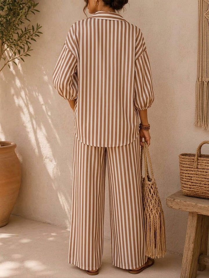Women's Two-Piece Set Linen Striped Shirt & Wide-Leg Pants