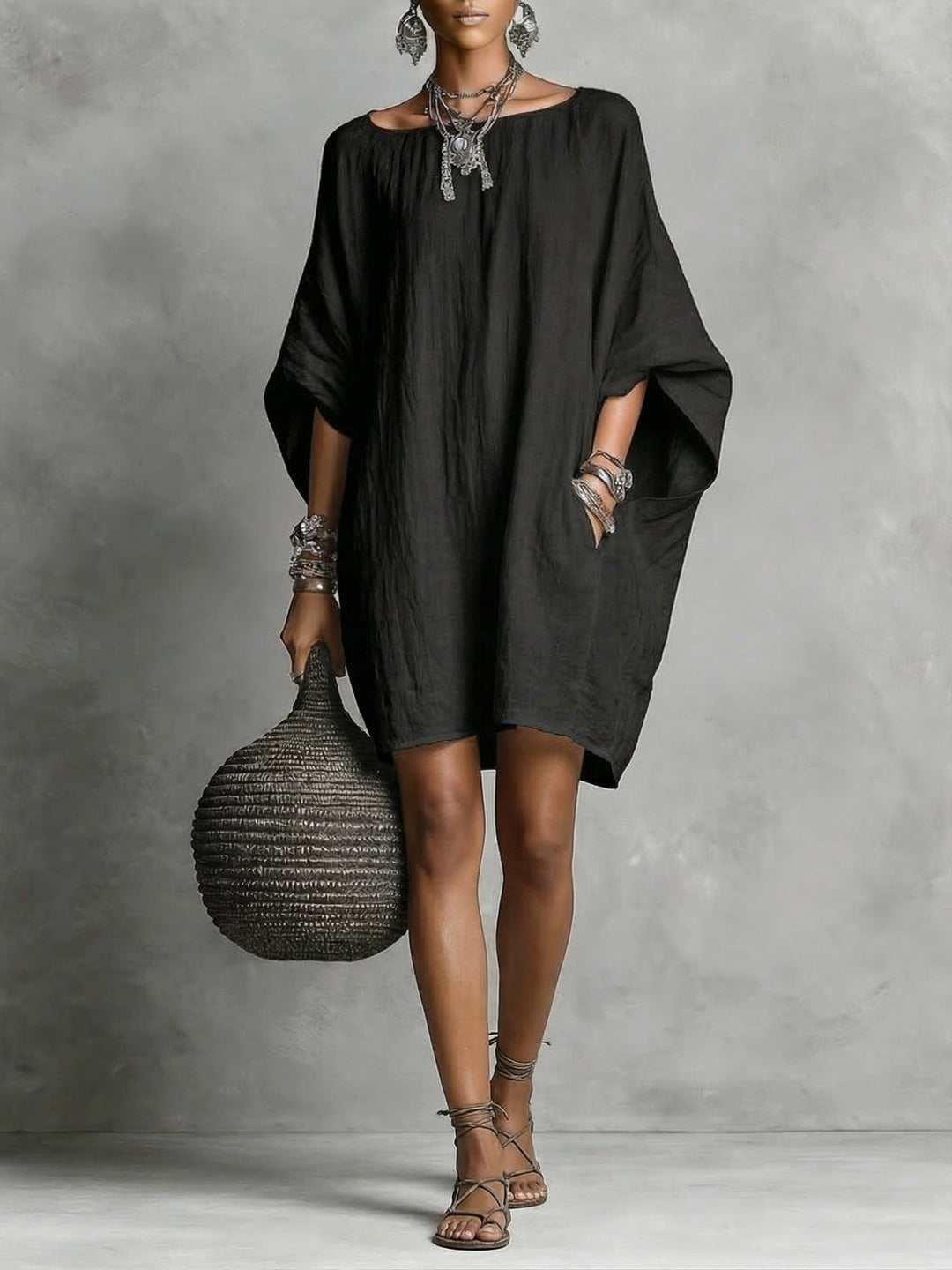 Women's Linen Off Shoulder Batwing Sleeve Tunic Mini Shift Dress
