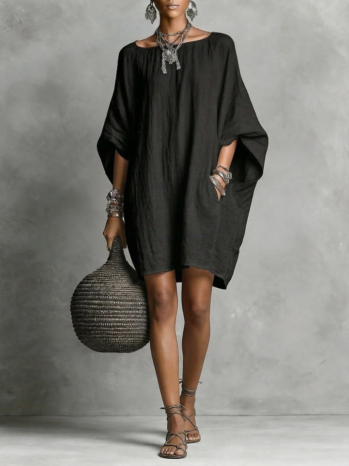 Women's Linen Off Shoulder Batwing Sleeve Tunic Mini Shift Dress