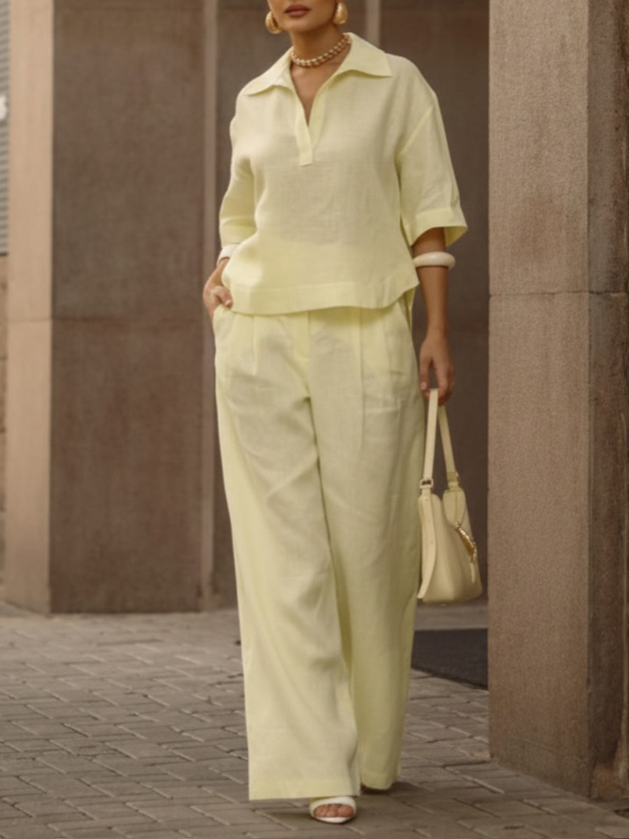 Women's Linen Two Piece Set Wide Leg Trousers and V Neck Top Lounge Wear