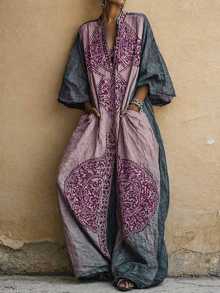 Női lenvászon etnikai boho, laza, bő szárú kantáros overall