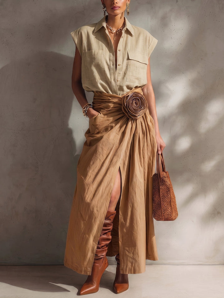 Women's Linen Blend Floral Detail Wrap Maxi Skirt