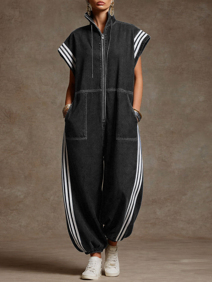 Women's Denim Zip Front Harem Jumpsuit