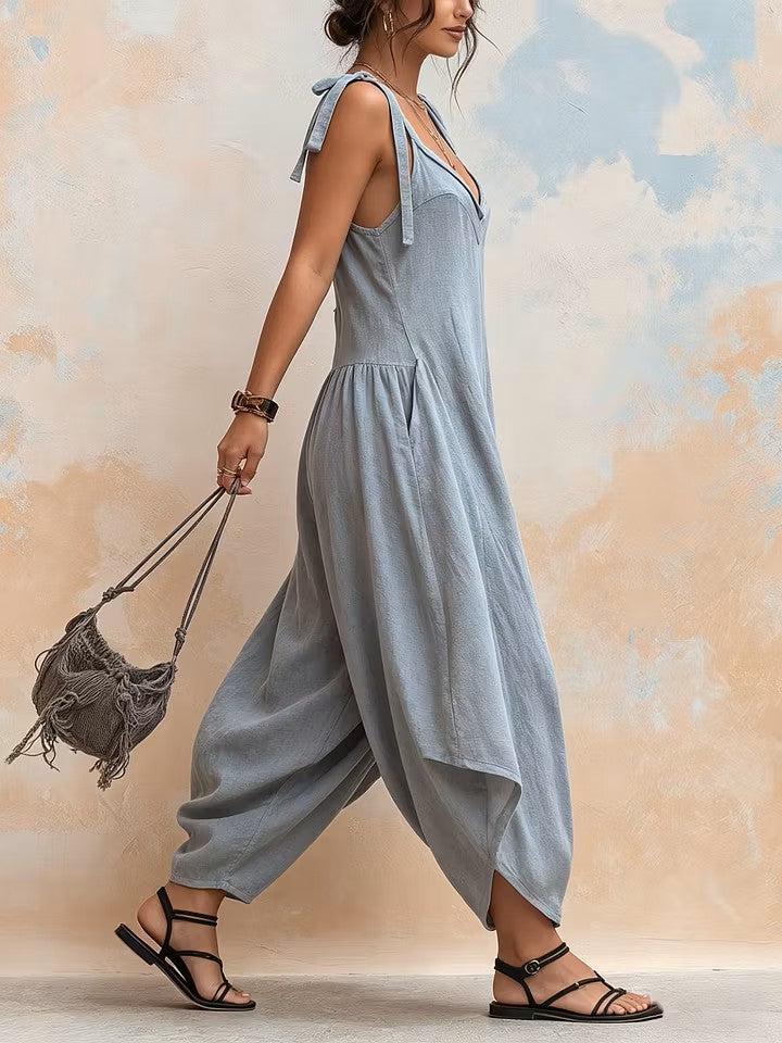 Women's Linen Wide Leg Jumpsuit Strappy V-Neck Harem Style
