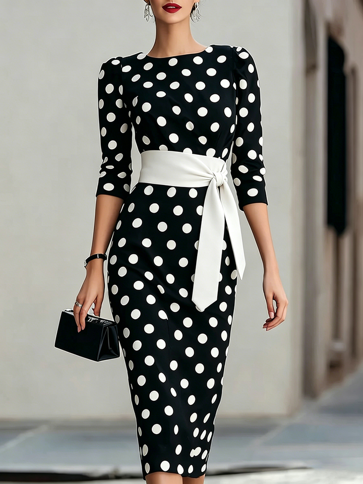 Women's Polka Dot Bodycon Midi Dress With Belt