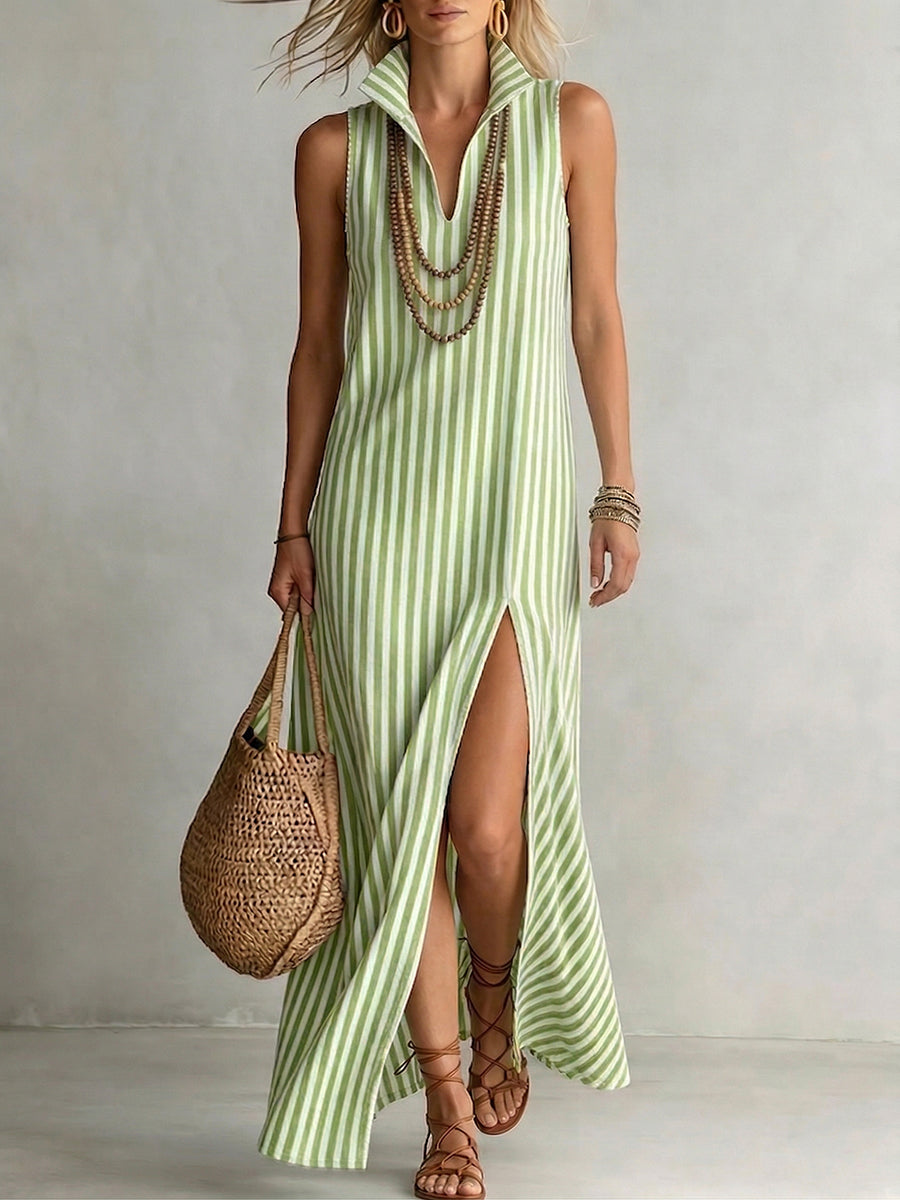 Women's Stand-Collar Sleeveless Loose Fit Striped Linen Maxi Shirt Dress