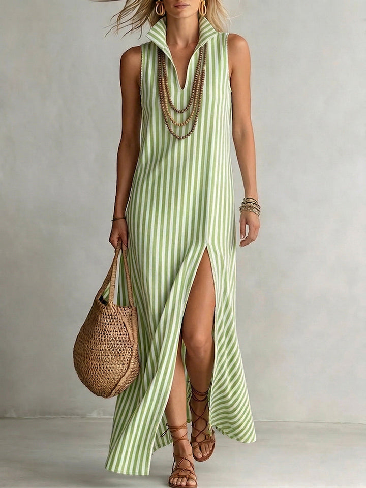 Women's Stand-Collar Sleeveless Loose Fit Striped Linen Maxi Shirt Dress