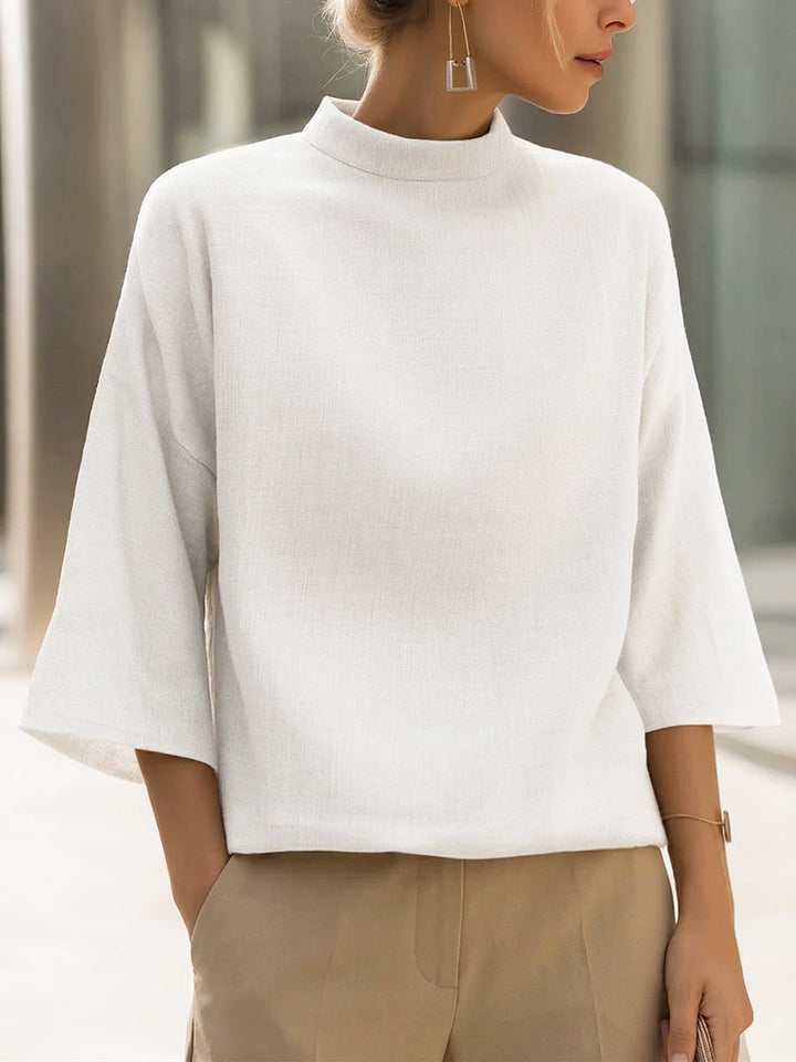 Women's Linen Blend Mock-Neck 3/4 Sleeve Top