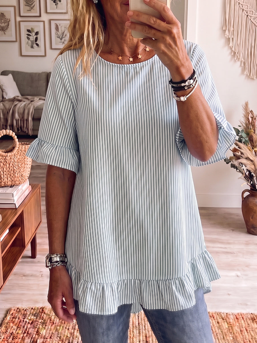 Women's Striped Linen Blend Short-Sleeve Ruffle Blouse