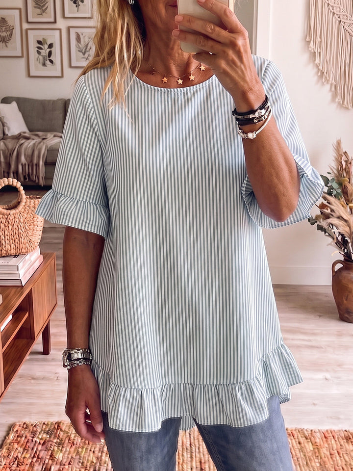 Women's Striped Linen Blend Short-Sleeve Ruffle Blouse