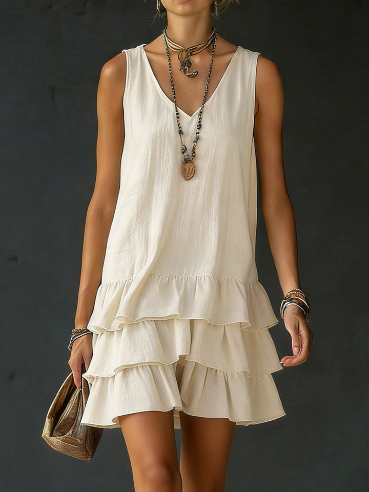 Women's Linen V-Neck Ruffle Hem Sleeveless Tunic Dress
