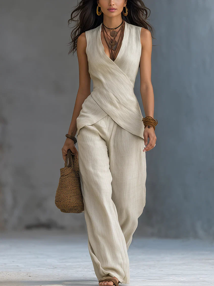 Women's Linen V-Neck Sleeveless Two-Piece Set Wide Leg Trousers Outfits