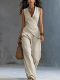 Women's Linen V-Neck Sleeveless Two-Piece Set Wide Leg Trousers Outfits