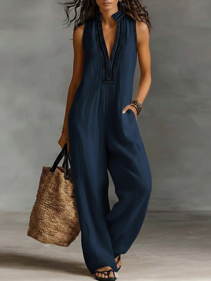 Women's Linen V-Neck Sleeveless Wide Leg Jumpsuit